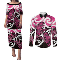 Piwakawaka New Zealand Matariki Couples Matching Puletasi and Long Sleeve Button Shirt Maori New Year Silver Fern Pink Galaxy
