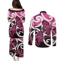 Piwakawaka New Zealand Matariki Couples Matching Puletasi and Long Sleeve Button Shirt Maori New Year Silver Fern Pink Galaxy