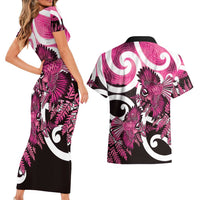 Piwakawaka New Zealand Matariki Couples Matching Short Sleeve Bodycon Dress and Hawaiian Shirt Maori New Year Silver Fern Pink Galaxy