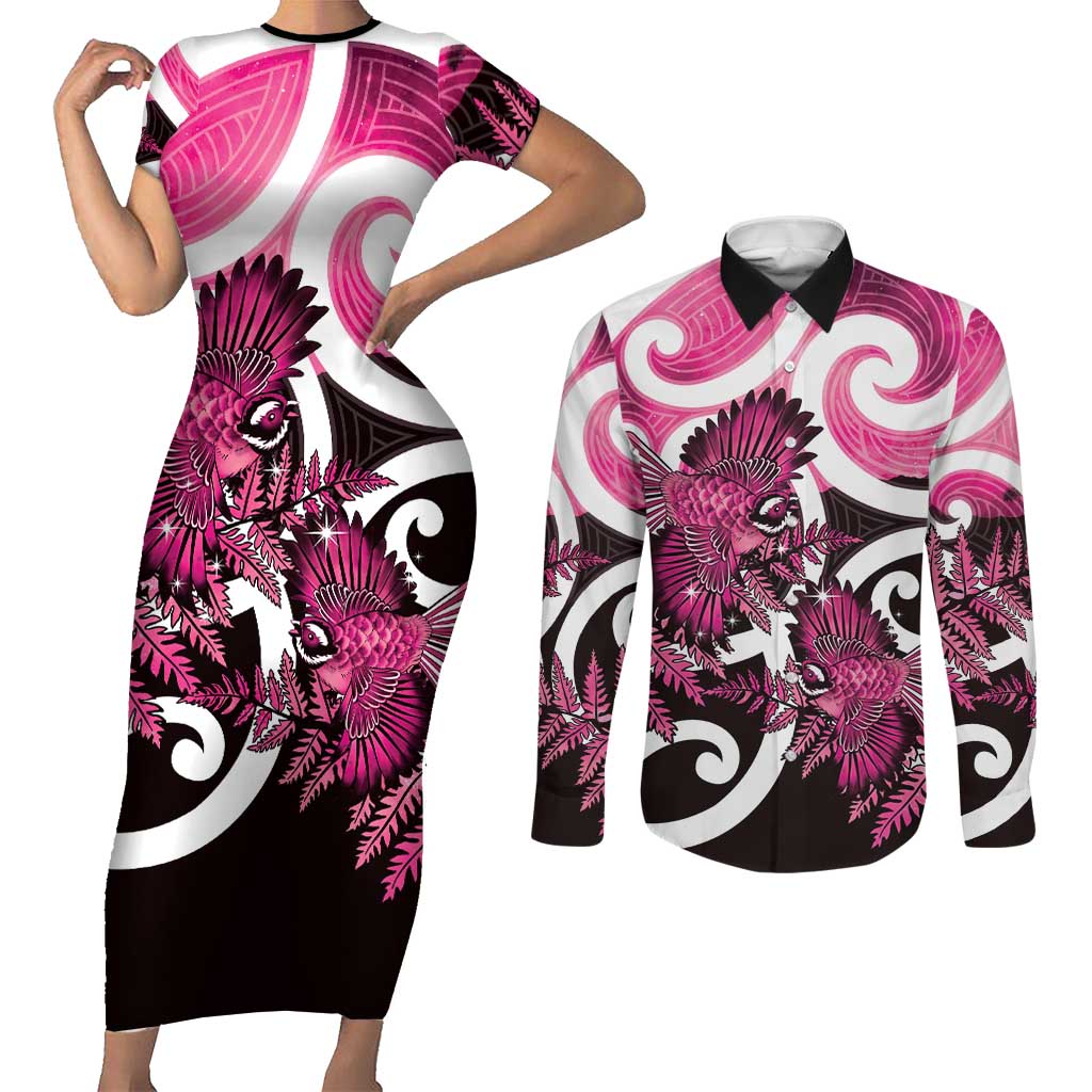 Piwakawaka New Zealand Matariki Couples Matching Short Sleeve Bodycon Dress and Long Sleeve Button Shirt Maori New Year Silver Fern Pink Galaxy
