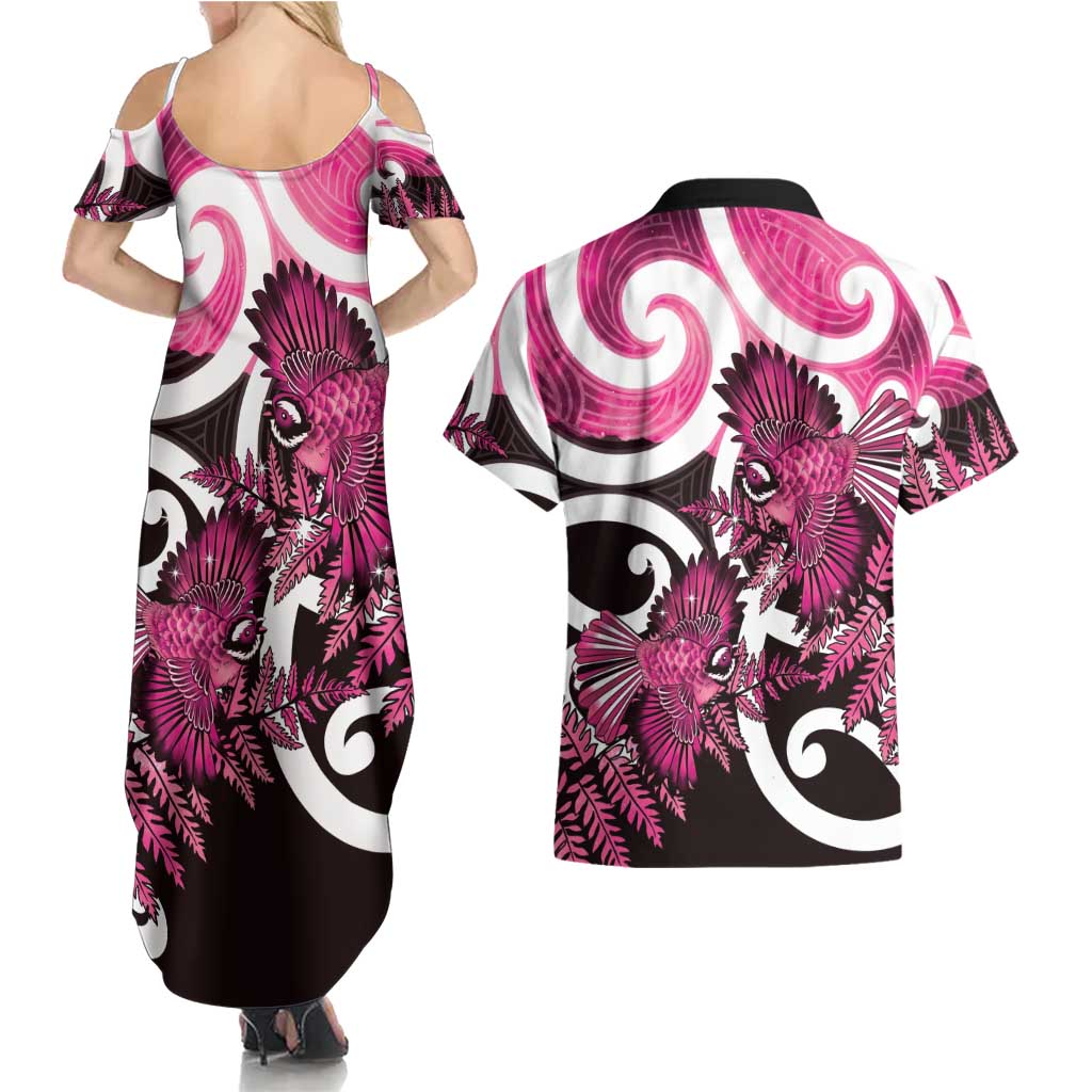 Piwakawaka New Zealand Matariki Couples Matching Summer Maxi Dress and Hawaiian Shirt Maori New Year Silver Fern Pink Galaxy