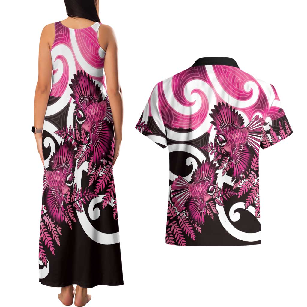 Piwakawaka New Zealand Matariki Couples Matching Tank Maxi Dress and Hawaiian Shirt Maori New Year Silver Fern Pink Galaxy