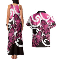 Piwakawaka New Zealand Matariki Couples Matching Tank Maxi Dress and Hawaiian Shirt Maori New Year Silver Fern Pink Galaxy