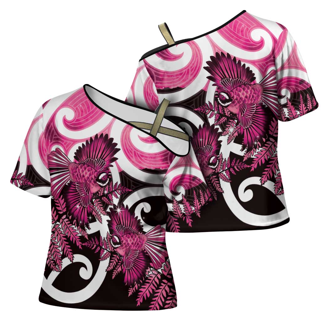 Piwakawaka New Zealand Matariki Cross Shoulder Shirt Maori New Year Silver Fern Pink Galaxy