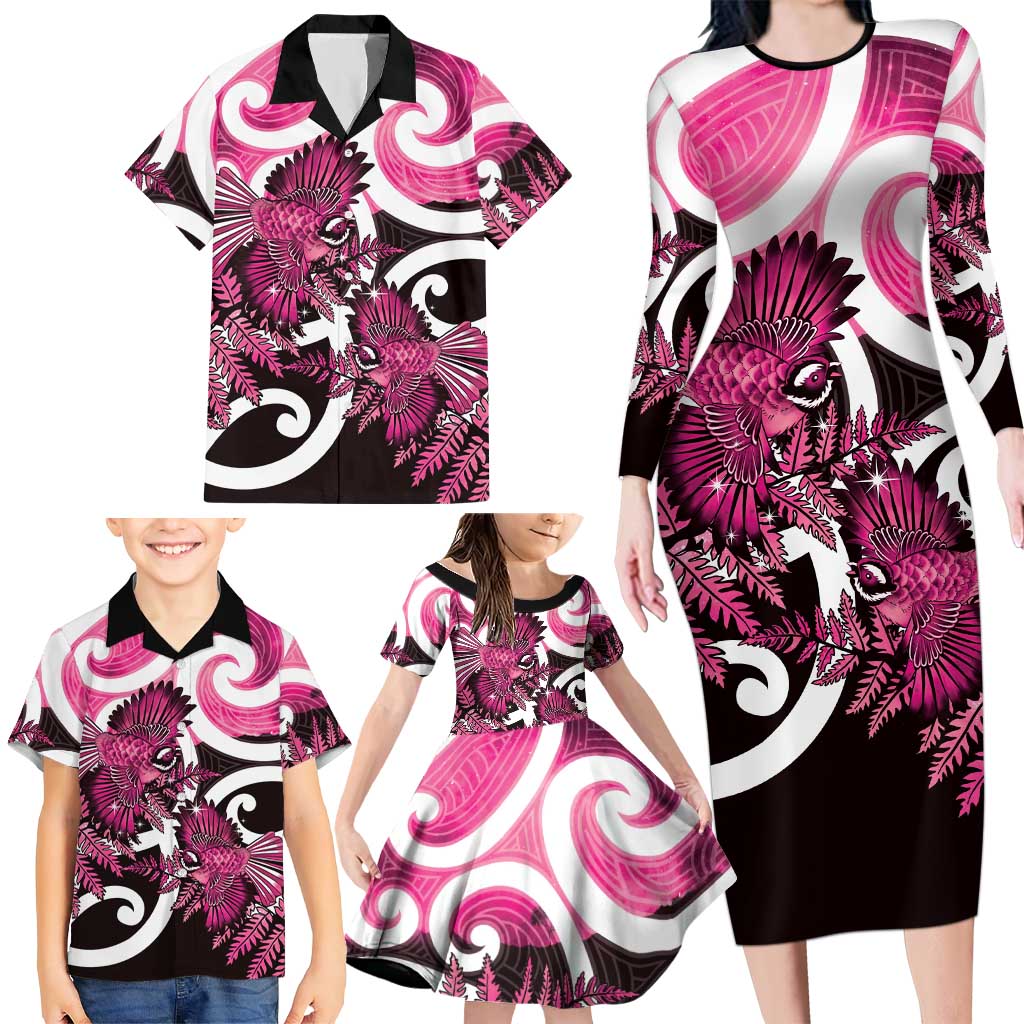 Piwakawaka New Zealand Matariki Family Matching Long Sleeve Bodycon Dress and Hawaiian Shirt Maori New Year Silver Fern Pink Galaxy LT14 - Polynesian Pride