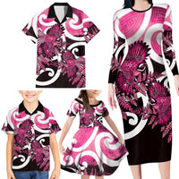 Piwakawaka New Zealand Matariki Family Matching Long Sleeve Bodycon Dress and Hawaiian Shirt Maori New Year Silver Fern Pink Galaxy LT14 - Polynesian Pride