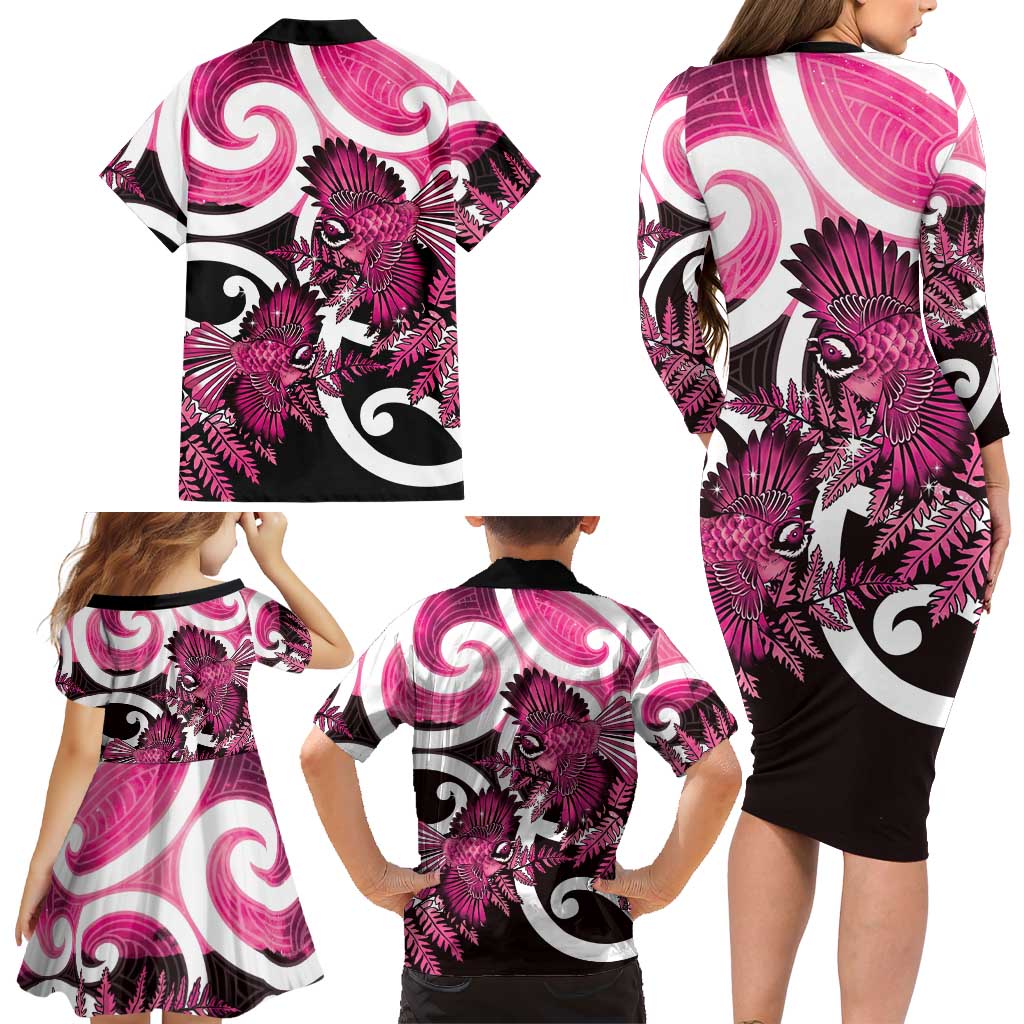 Piwakawaka New Zealand Matariki Family Matching Long Sleeve Bodycon Dress and Hawaiian Shirt Maori New Year Silver Fern Pink Galaxy LT14 - Polynesian Pride