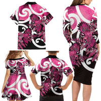 Piwakawaka New Zealand Matariki Family Matching Long Sleeve Bodycon Dress and Hawaiian Shirt Maori New Year Silver Fern Pink Galaxy LT14 - Polynesian Pride
