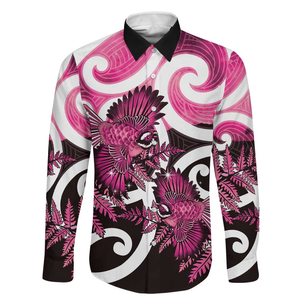 Piwakawaka New Zealand Matariki Family Matching Long Sleeve Bodycon Dress and Hawaiian Shirt Maori New Year Silver Fern Pink Galaxy LT14 Dad's Shirt - Long Sleeve Pink - Polynesian Pride