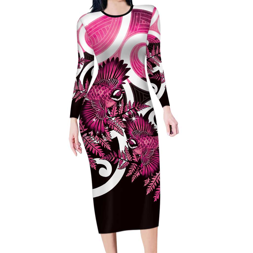 Piwakawaka New Zealand Matariki Family Matching Long Sleeve Bodycon Dress and Hawaiian Shirt Maori New Year Silver Fern Pink Galaxy LT14 Mom's Dress Pink - Polynesian Pride