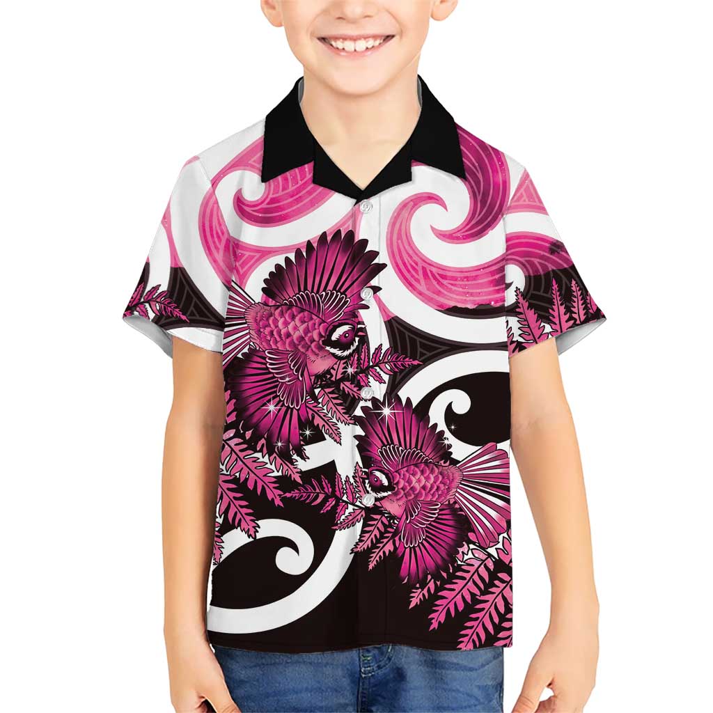 Piwakawaka New Zealand Matariki Family Matching Long Sleeve Bodycon Dress and Hawaiian Shirt Maori New Year Silver Fern Pink Galaxy LT14 Son's Shirt Pink - Polynesian Pride