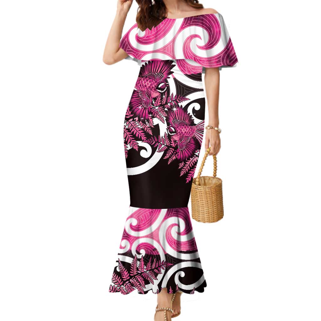 Piwakawaka New Zealand Matariki Family Matching Mermaid Dress and Hawaiian Shirt Maori New Year Silver Fern Pink Galaxy LT14 Mom's Dress Pink - Polynesian Pride