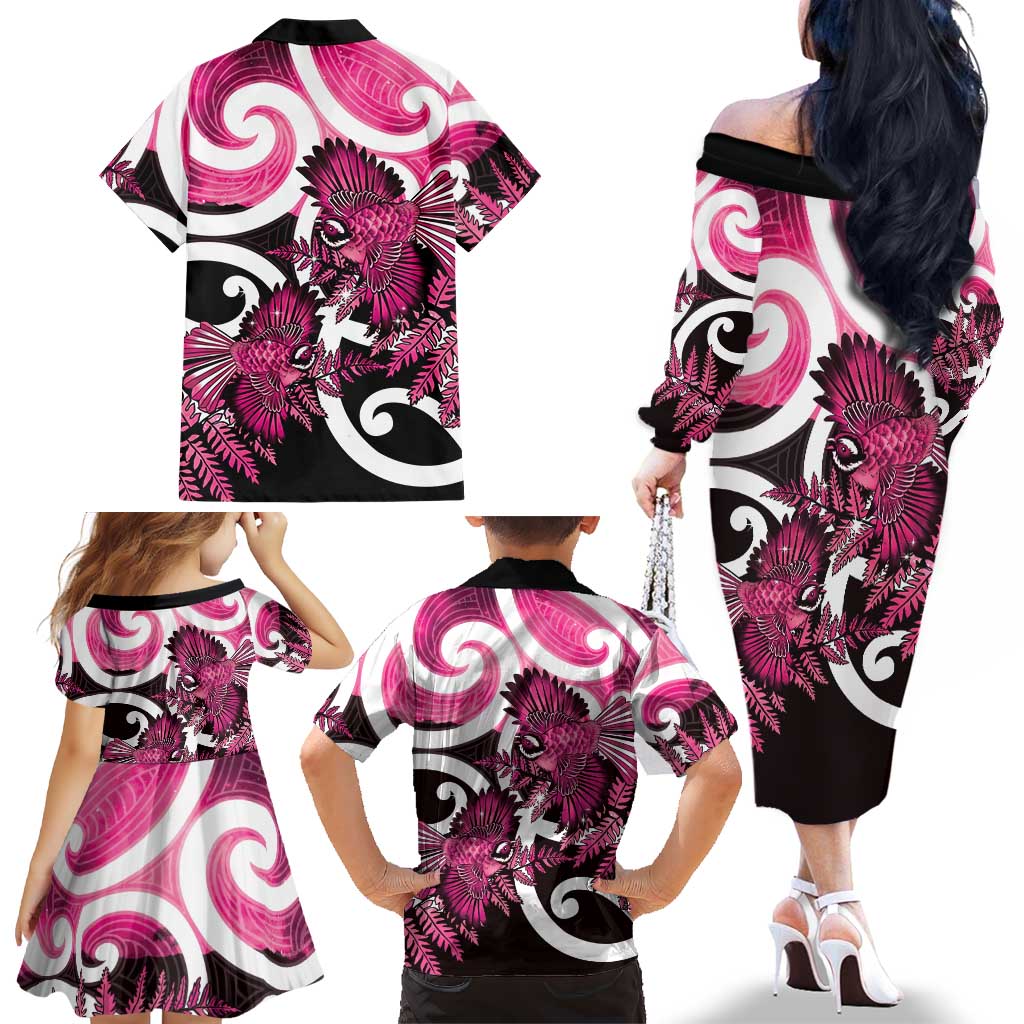 Piwakawaka New Zealand Matariki Family Matching Off The Shoulder Long Sleeve Dress and Hawaiian Shirt Maori New Year Silver Fern Pink Galaxy