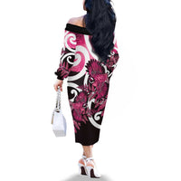 Piwakawaka New Zealand Matariki Family Matching Off The Shoulder Long Sleeve Dress and Hawaiian Shirt Maori New Year Silver Fern Pink Galaxy