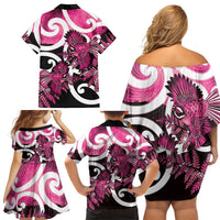 Piwakawaka New Zealand Matariki Family Matching Off Shoulder Short Dress and Hawaiian Shirt Maori New Year Silver Fern Pink Galaxy