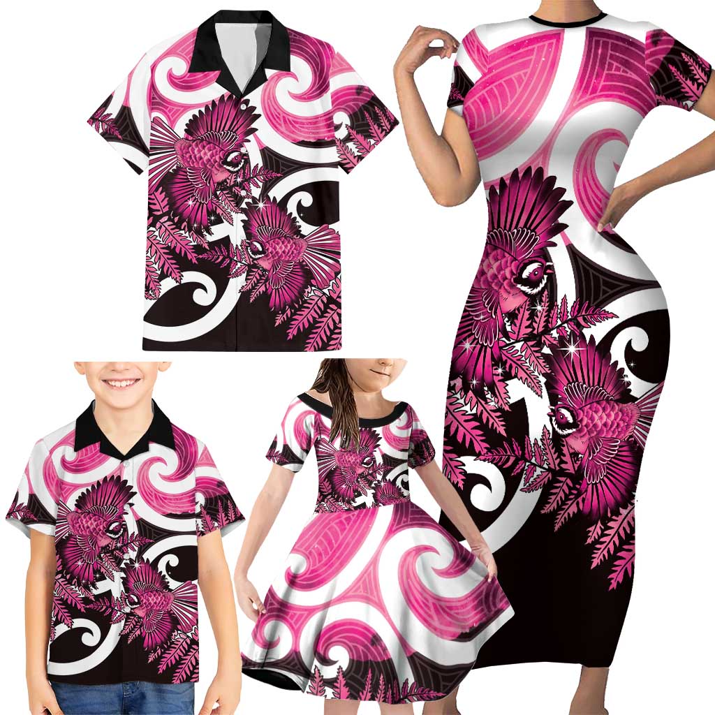 Piwakawaka New Zealand Matariki Family Matching Short Sleeve Bodycon Dress and Hawaiian Shirt Maori New Year Silver Fern Pink Galaxy LT14 - Polynesian Pride
