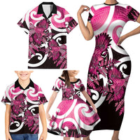 Piwakawaka New Zealand Matariki Family Matching Short Sleeve Bodycon Dress and Hawaiian Shirt Maori New Year Silver Fern Pink Galaxy LT14 - Polynesian Pride
