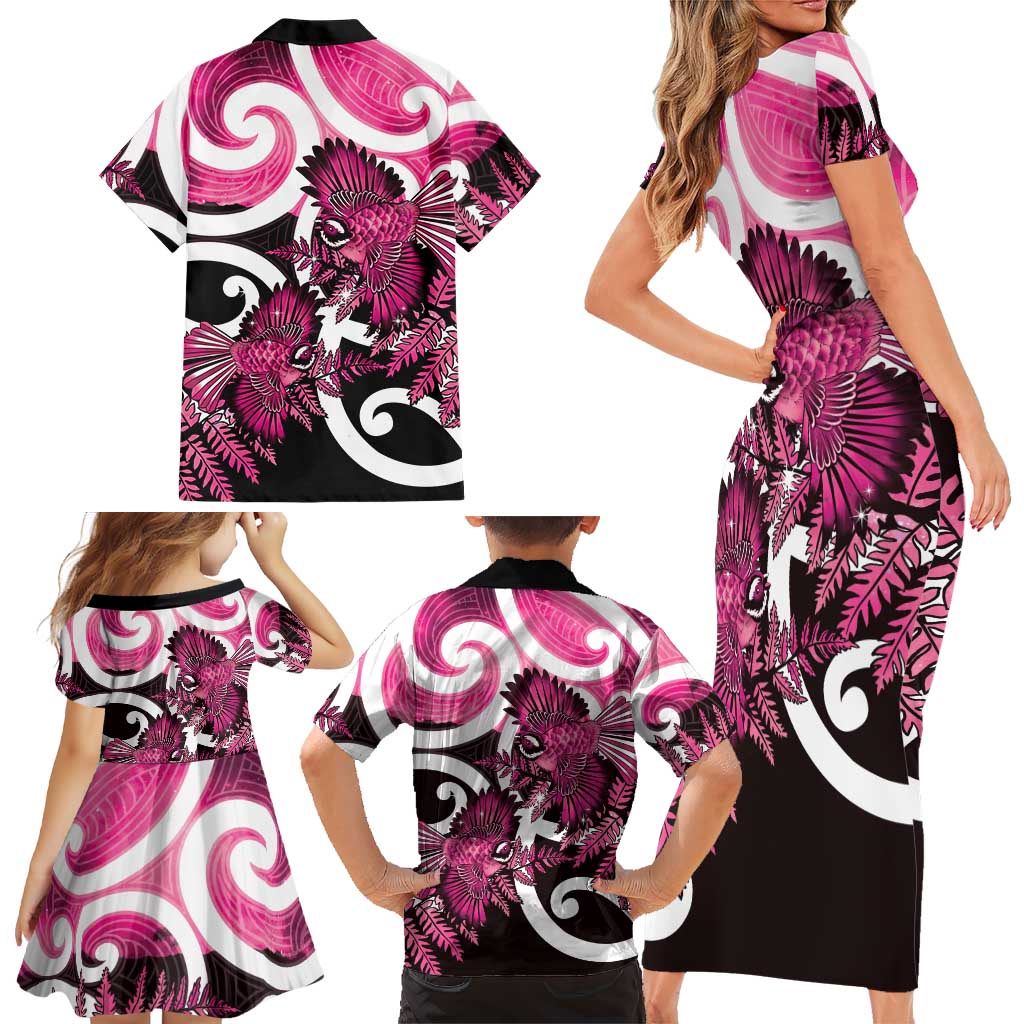 Piwakawaka New Zealand Matariki Family Matching Short Sleeve Bodycon Dress and Hawaiian Shirt Maori New Year Silver Fern Pink Galaxy LT14 - Polynesian Pride