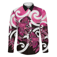 Piwakawaka New Zealand Matariki Family Matching Short Sleeve Bodycon Dress and Hawaiian Shirt Maori New Year Silver Fern Pink Galaxy LT14 Dad's Shirt - Long Sleeve Pink - Polynesian Pride