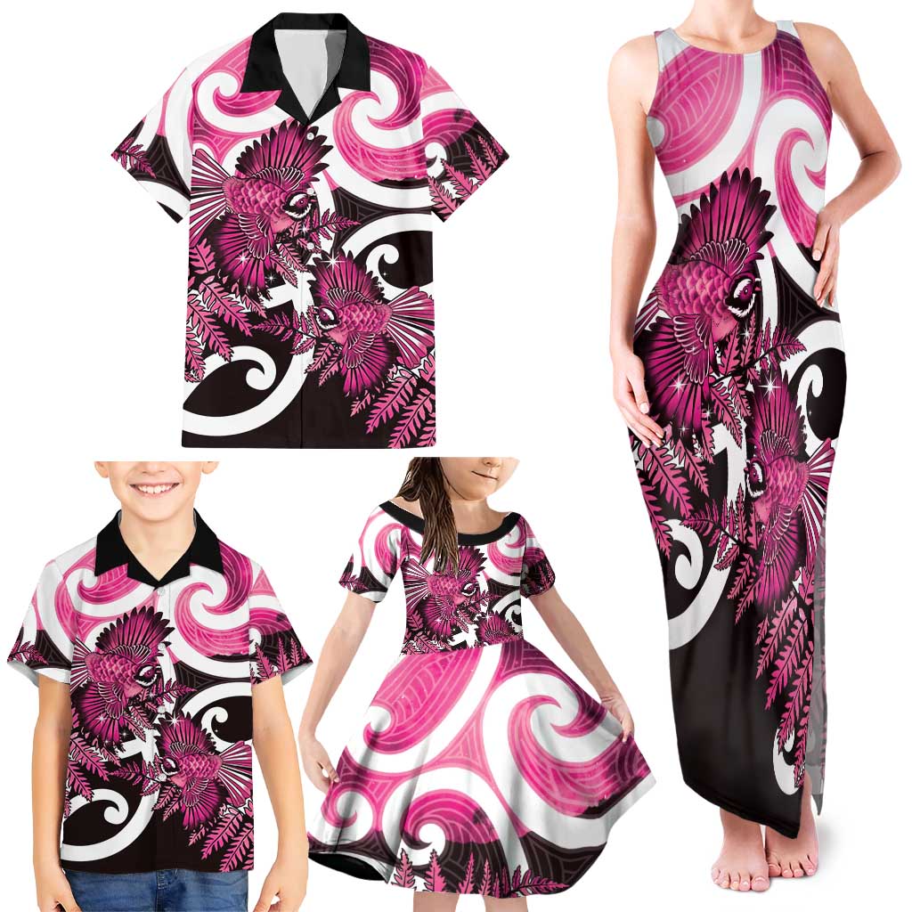 Piwakawaka New Zealand Matariki Family Matching Tank Maxi Dress and Hawaiian Shirt Maori New Year Silver Fern Pink Galaxy