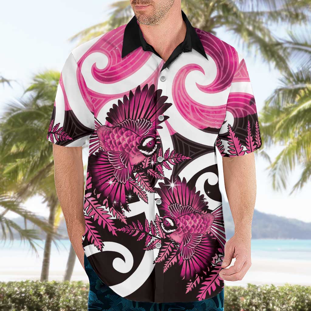 Piwakawaka New Zealand Matariki Hawaiian Shirt Maori New Year Silver Fern Pink Galaxy