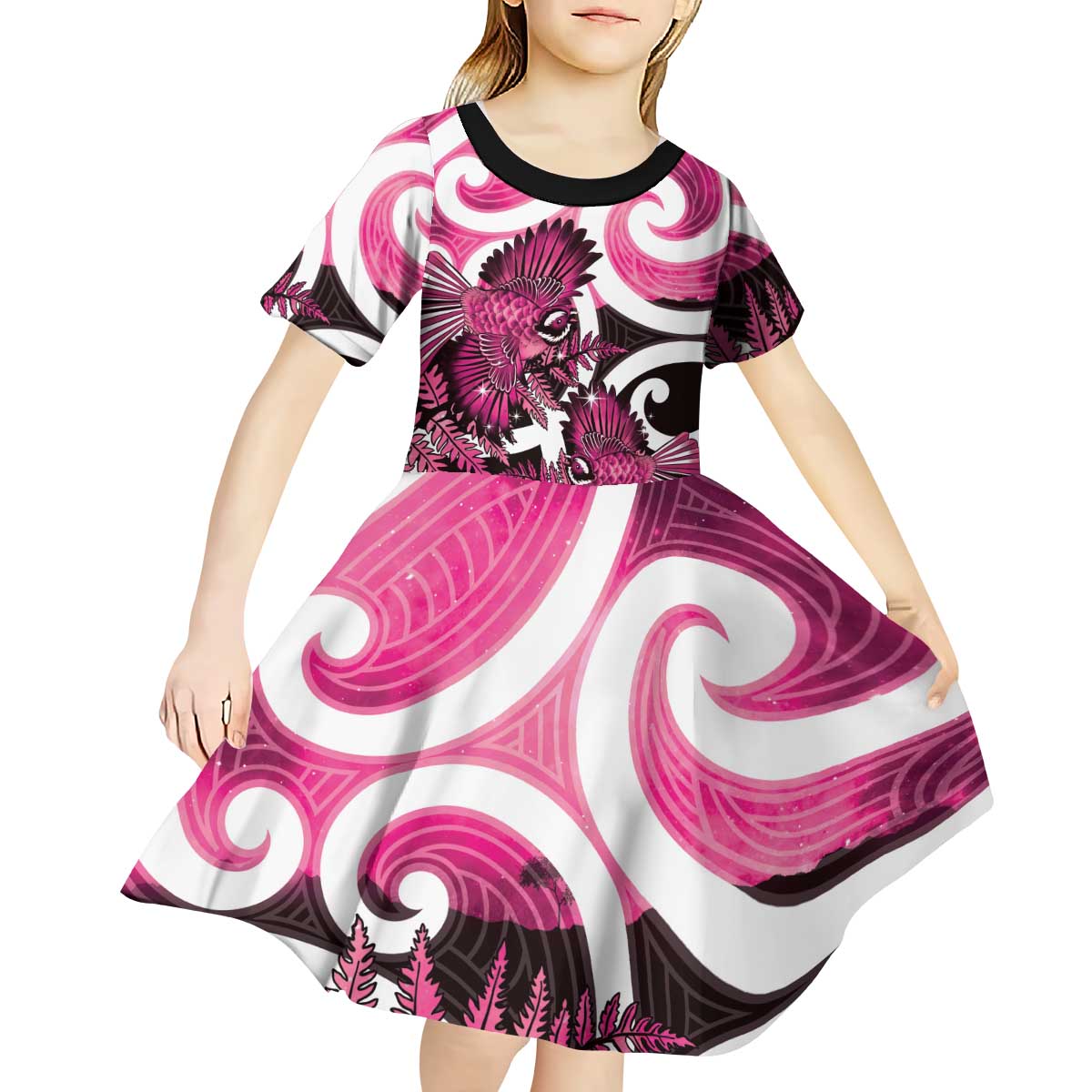 Piwakawaka New Zealand Matariki Kid Short Sleeve Dress Maori New Year Silver Fern Pink Galaxy