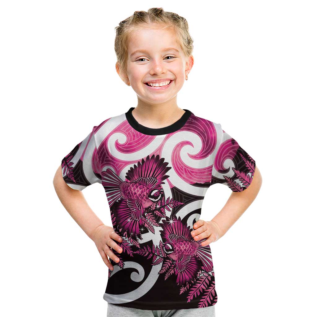 Piwakawaka New Zealand Matariki Kid T Shirt Maori New Year Silver Fern Pink Galaxy