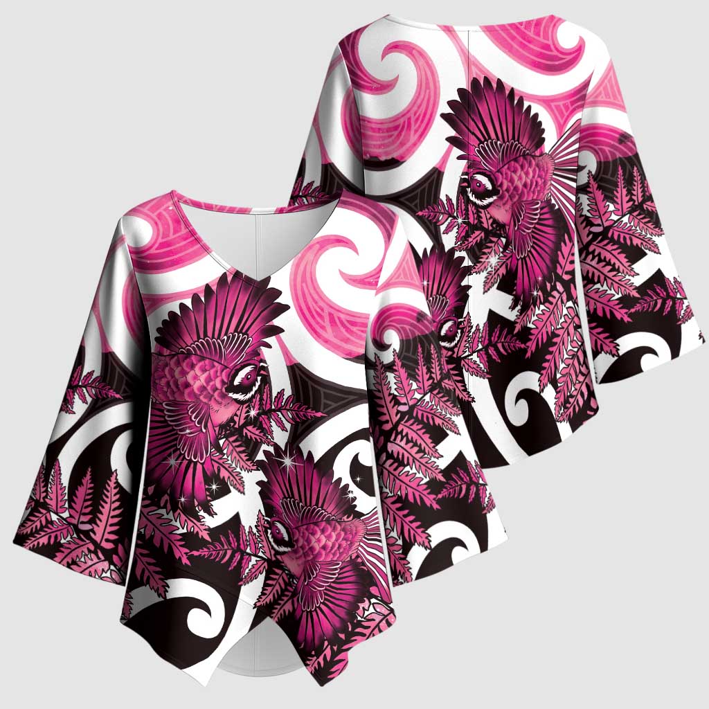 Piwakawaka New Zealand Matariki Kimono Sleeve Blouse Maori New Year Silver Fern Pink Galaxy