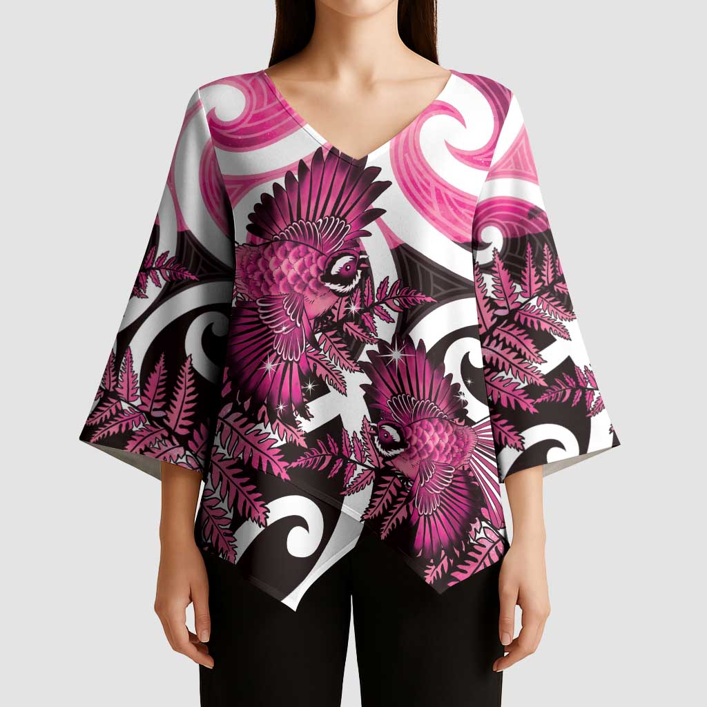 Piwakawaka New Zealand Matariki Kimono Sleeve Blouse Maori New Year Silver Fern Pink Galaxy