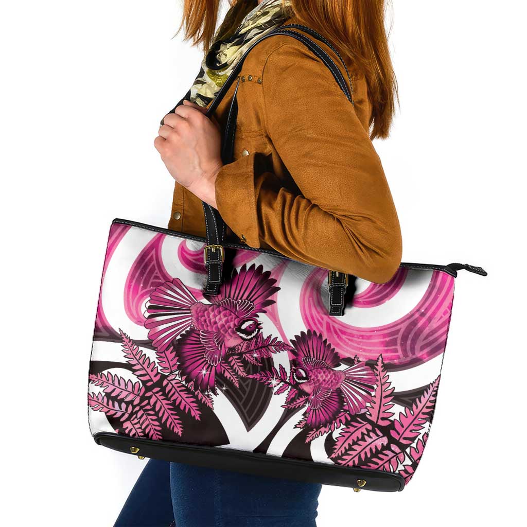Piwakawaka New Zealand Matariki Leather Tote Bag Maori New Year Silver Fern Pink Galaxy
