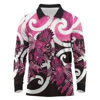 Piwakawaka New Zealand Matariki Long Sleeve Polo Shirt Maori New Year Silver Fern Pink Galaxy