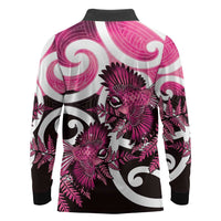 Piwakawaka New Zealand Matariki Long Sleeve Polo Shirt Maori New Year Silver Fern Pink Galaxy