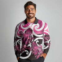 Piwakawaka New Zealand Matariki Long Sleeve Polo Shirt Maori New Year Silver Fern Pink Galaxy