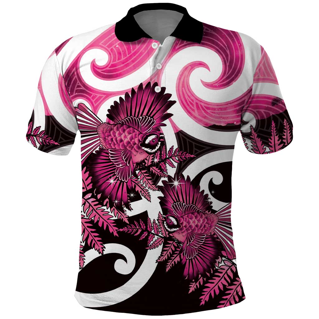 Piwakawaka New Zealand Matariki Polo Shirt Maori New Year Silver Fern Pink Galaxy