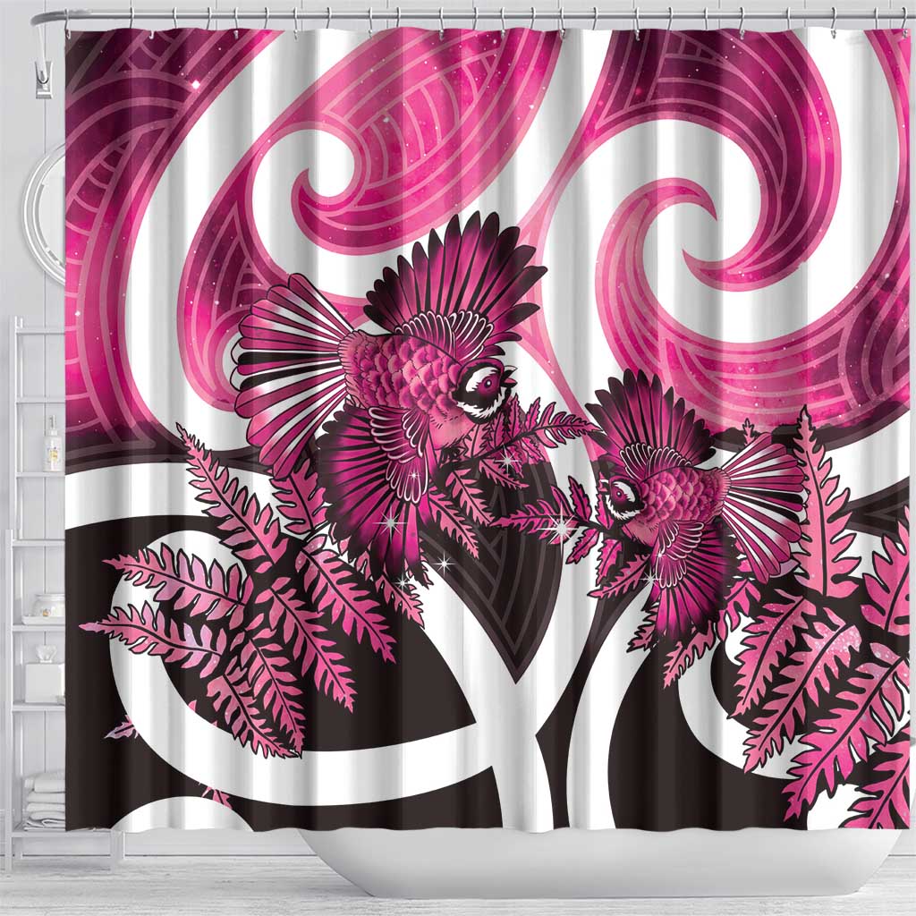 Piwakawaka New Zealand Matariki Shower Curtain Maori New Year Silver Fern Pink Galaxy