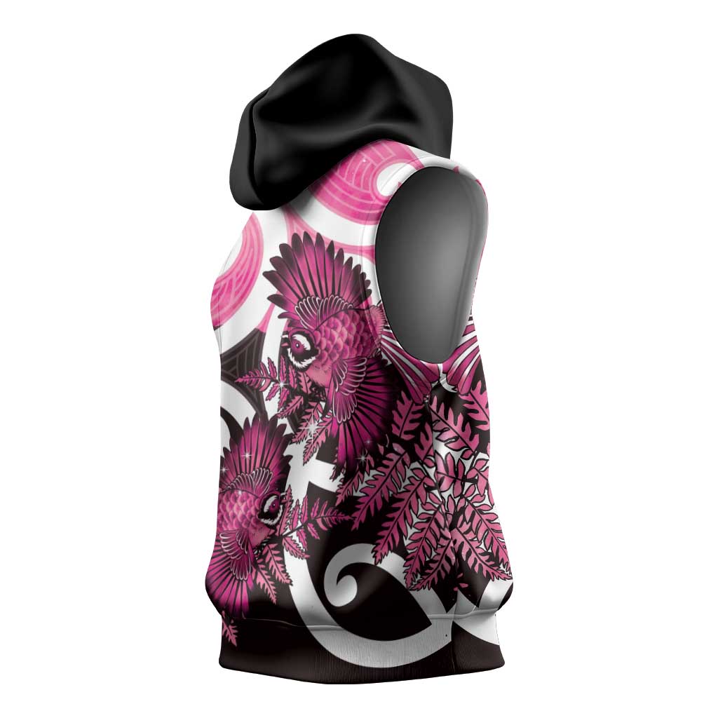 Piwakawaka New Zealand Matariki Sleeveless Hoodie Maori New Year Silver Fern Pink Galaxy