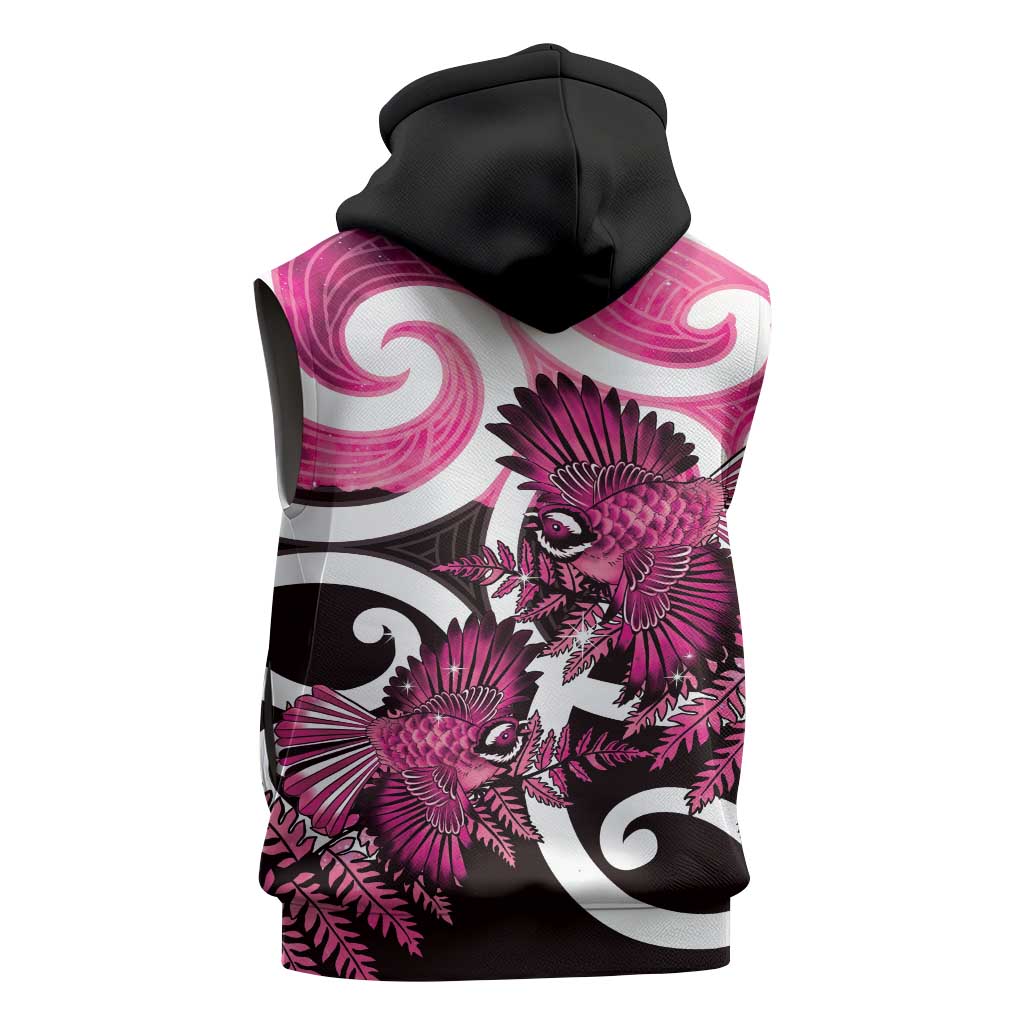 Piwakawaka New Zealand Matariki Sleeveless Zip Hoodie Maori New Year Silver Fern Pink Galaxy