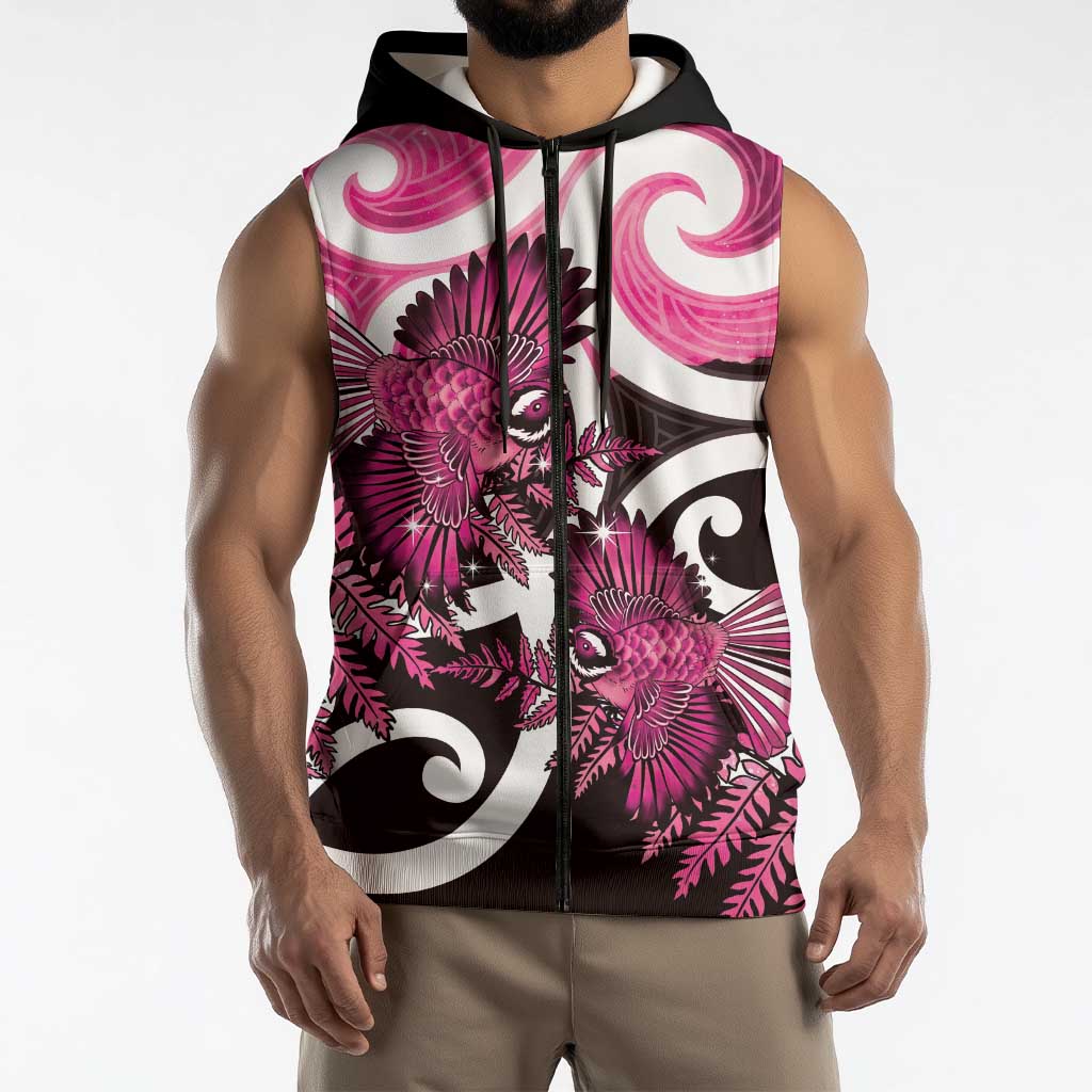 Piwakawaka New Zealand Matariki Sleeveless Zip Hoodie Maori New Year Silver Fern Pink Galaxy