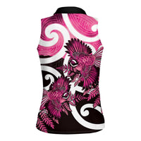 Piwakawaka New Zealand Matariki Women Sleeveless Polo Shirt Maori New Year Silver Fern Pink Galaxy