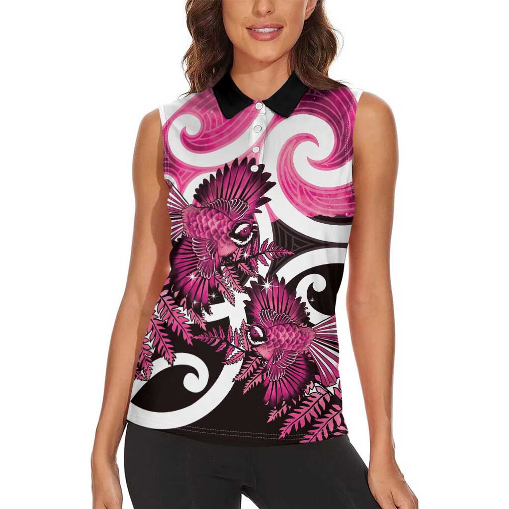 Piwakawaka New Zealand Matariki Women Sleeveless Polo Shirt Maori New Year Silver Fern Pink Galaxy