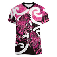 Piwakawaka New Zealand Matariki Women V-Neck T-Shirt Maori New Year Silver Fern Pink Galaxy