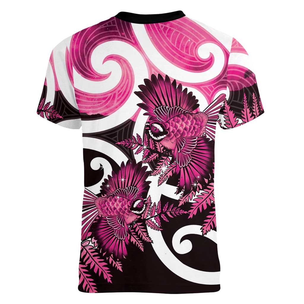 Piwakawaka New Zealand Matariki Women V-Neck T-Shirt Maori New Year Silver Fern Pink Galaxy