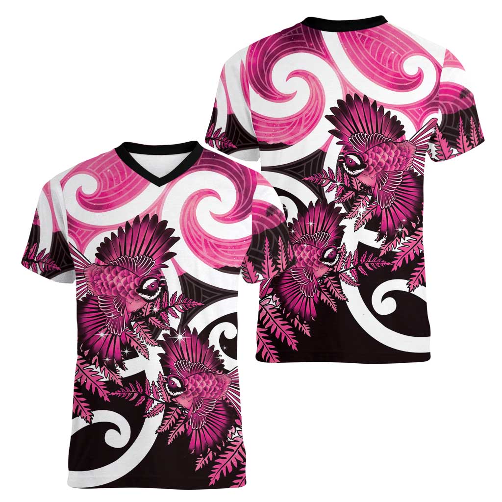 Piwakawaka New Zealand Matariki Women V-Neck T-Shirt Maori New Year Silver Fern Pink Galaxy