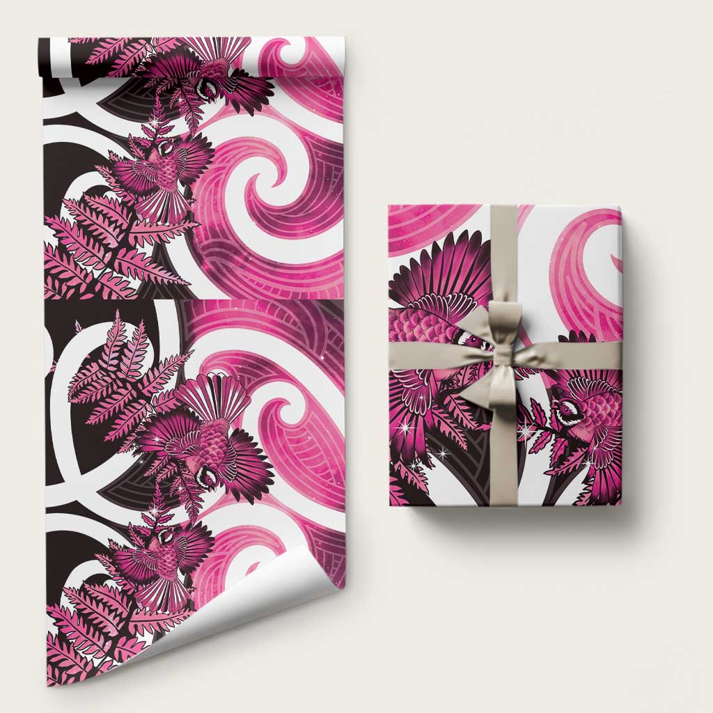 Piwakawaka New Zealand Matariki Wrapping Paper Maori New Year Silver Fern Pink Galaxy