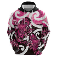 Piwakawaka New Zealand Matariki Zip Hoodie Maori New Year Silver Fern Pink Galaxy