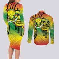 Hawaii Flag Day Couples Matching Long Sleeve Bodycon Dress and Long Sleeve Button Shirt Kanaka Maoli With Kakau Polynesian Pattern LT14
