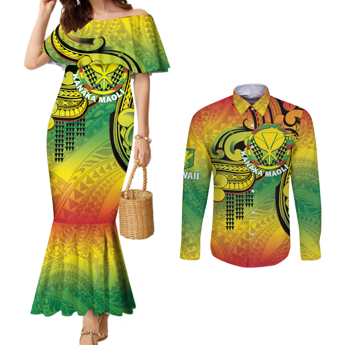 Hawaii Flag Day Couples Matching Mermaid Dress and Long Sleeve Button Shirt Kanaka Maoli With Kakau Polynesian Pattern LT14
