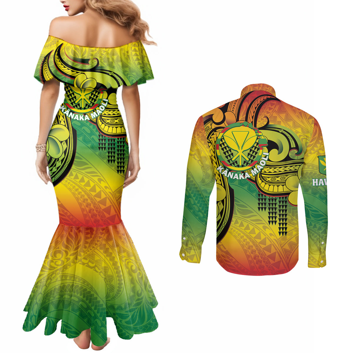 Hawaii Flag Day Couples Matching Mermaid Dress and Long Sleeve Button Shirt Kanaka Maoli With Kakau Polynesian Pattern LT14