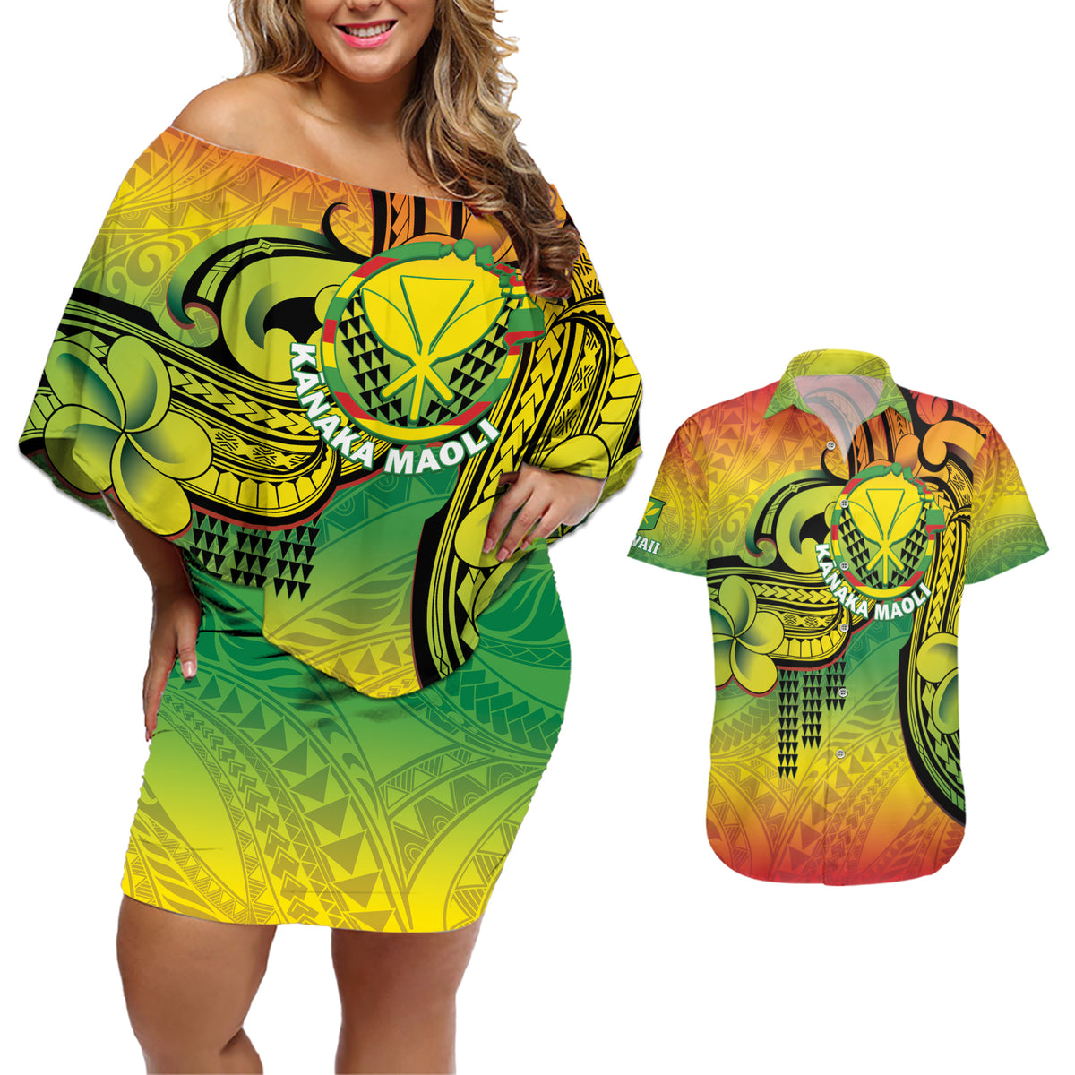 Hawaii Flag Day Couples Matching Off Shoulder Short Dress and Hawaiian Shirt Kanaka Maoli With Kakau Polynesian Pattern LT14