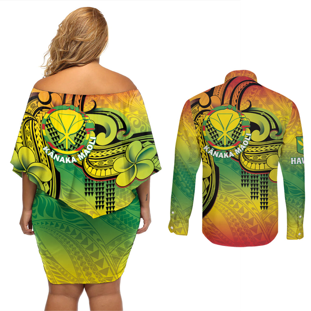Hawaii Flag Day Couples Matching Off Shoulder Short Dress and Long Sleeve Button Shirt Kanaka Maoli With Kakau Polynesian Pattern LT14